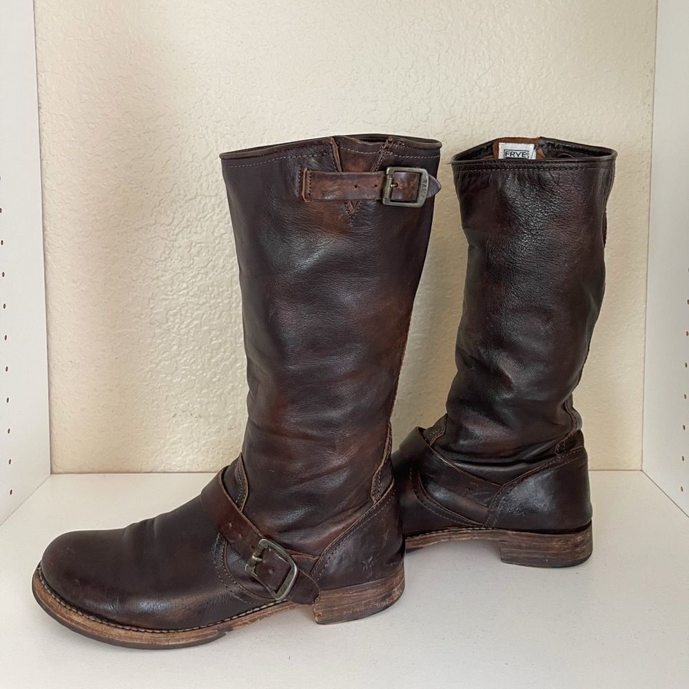 Frye Vintage Veronica tall buckle Slouchy Moto Boots in chocolate brown. 11 - Picture 13 of 15